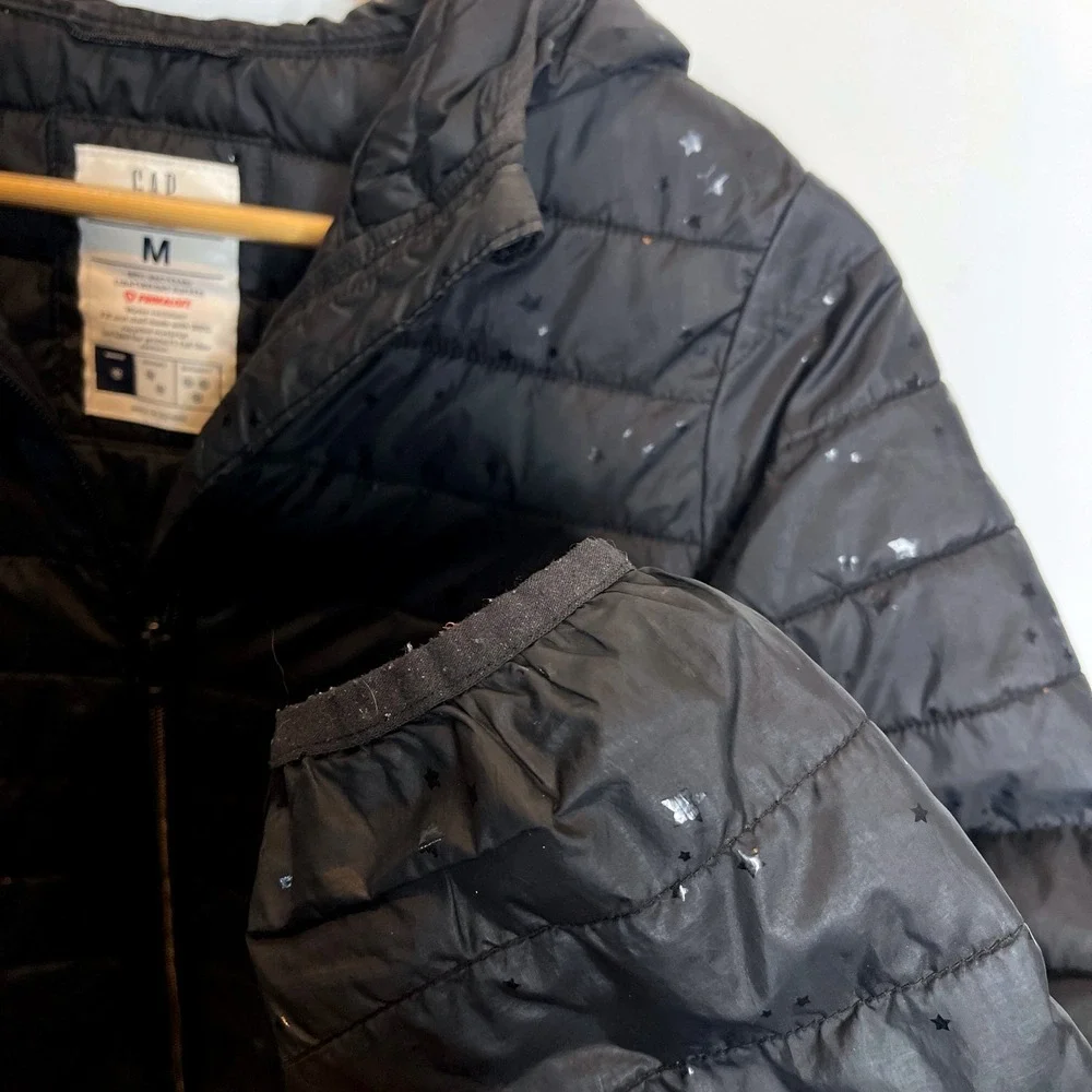 Gap Kids‎ Black Puffer Primaloft Jacket Star Print Hooded Zip Up Size M